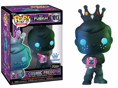 Figurine Funko Pop Cosmic Freddy de Funko Fusion, aux teintes galactiques et mystérieuses, révélant des couleurs cosmiques sous lumière directe.