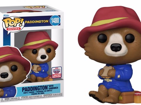 Figurine Funko Pop de Paddington avec son sandwich à la marmelade, issue du film Paddington, en exclusivité avec autocollant FunKon 2024.
