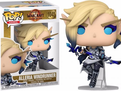 Découvrez Alleria Windrunner de World of Warcraft : The War Within dans sa tenue grise emblématique, armée de son arc et de sa flèche bleue.