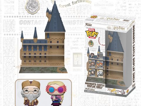 Château de Poudlard avec rangement pour 18 Bitty Pop, incluant Albus Dumbledore et Luna Lovegood en version miniature.