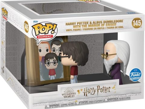 Une scène emblématique d'"Harry Potter à l'école des sorciers" est recréée en Funko Pop. Harry, à Poudlard, regarde le Miroir du Riséd. Il y voit ses parents, sans remarquer Dumbledore derrière lui.
