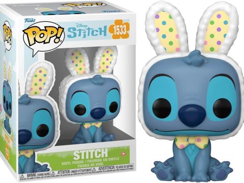Pour Pâques 2025, Funko sort Stitch, l'alien de "Lilo et Stitch" de Disney. Cette Pop montre Stitch assis, avec oreilles de lapin et nœud papillon.