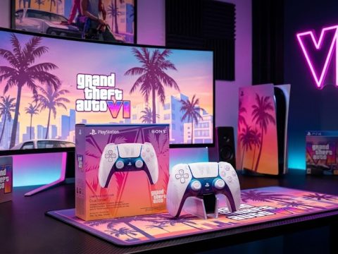 DualSense PS5 — Édition Limitée GTA VI Blanche. Finition irisée Vice City, palmiers moulés, logo officiel GTA VI.
