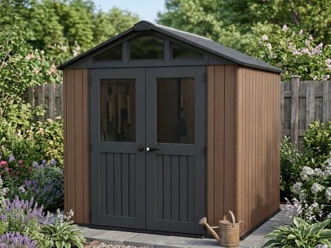 Keter Stronghold 8x8 Marron — Abri extérieur sans entretien Aspect bois authentique, ne pourrit pas, ne décolorera pas. Renfort acier
