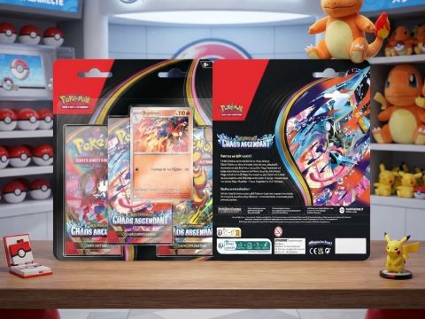 Blister 3 Boosters Méga-Évolution — Chaos Ascendant. JCC Pokémon : cartes Méga-Amphinobi-ex, Méga-Floette-ex, promo incluse.