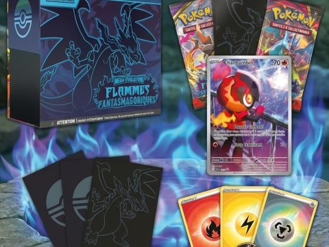 Pokémon ME02 — Coffret Dresseur d'Élite Flammes Fantasmagoriques. Sortie 14 novembre 2025. 9 boosters + promo + accessoires.