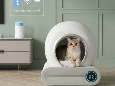 Litière Chat 65L Fermée — Autonettoyante, silencieuse 35dB. Capteurs anti-accident, entrée basse, bac démontable. Hygiène parfaite sans effort !