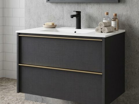 Meuble salle de bain mural 90 cm — Gris foncé. Vasque blanche incluse. Style contemporain, rangements intégrés, nettoyage facilité.