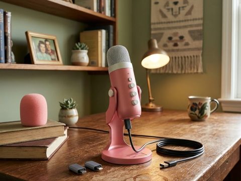 Microphone cardioïde rose Zealsound K66 — Micro USB. Sourdine + gain, pour PC, smartphone. Enregistrement, streaming, jeux, YouTube.