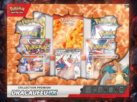 Coffret Collection Premium Dracaufeu-ex — 6 boosters, carte promo exclusive, Salamèche & Reptincel brillants, sleeves & présentoir magnétique.