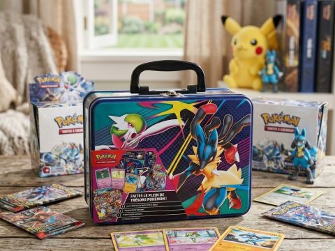 Coffre aux Trésors Pokémon — Valisette métallique Automne 2025 VF. 6 boosters, 3 cartes brillantes, pièce Méga-Lucario, rangement.