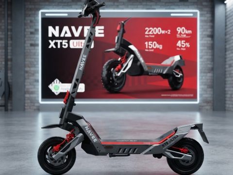 Trottinette NAVEE XT5 Ultra — Double moteur, 4400W max, charge 150 kg, suspension intégrale, freins à disque hydrauliques + EABS.